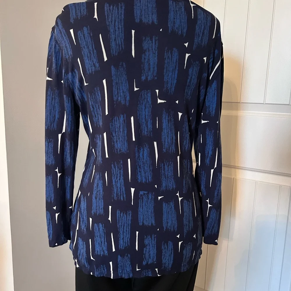 Ann Taylor Elegant Blue Patterned Jersey Knit Blouse with Peplum Gather Waist - Picture 12 of 12
